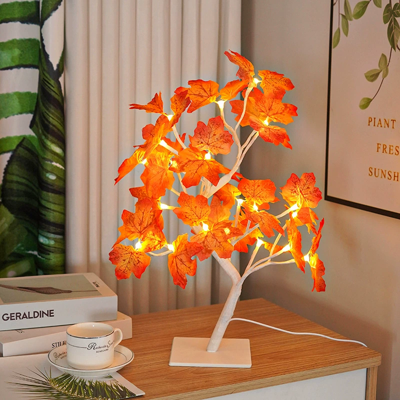 LED Maple Leaf USB Tree Lamp, 24-Leaf Warm White, Decorative Lantern Night Light, 39 cm