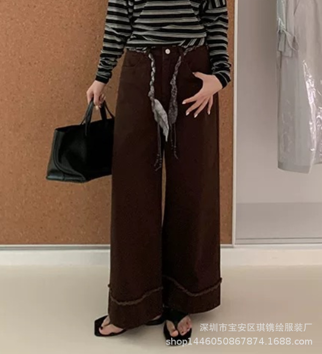 琪镌绘制秋季新款简约直筒显瘦高腰拼接毛边宽松休闲长裤女9986|undefined