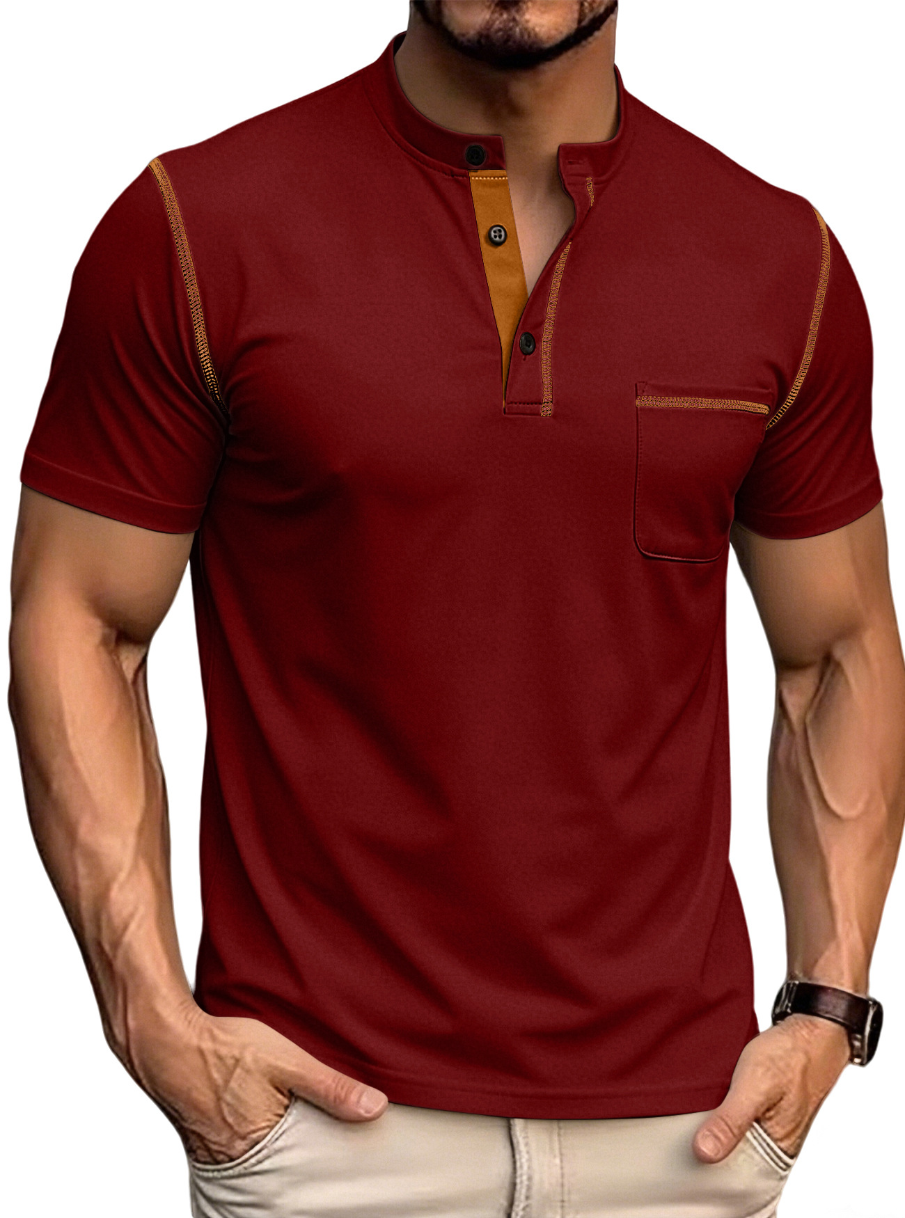 Camiseta polo de punto para hombre, de color sólido, estilo Henley, de secado rápido, ajustada, de manga corta, para verano, de Amazon, transfronteriza entre Europa y América.