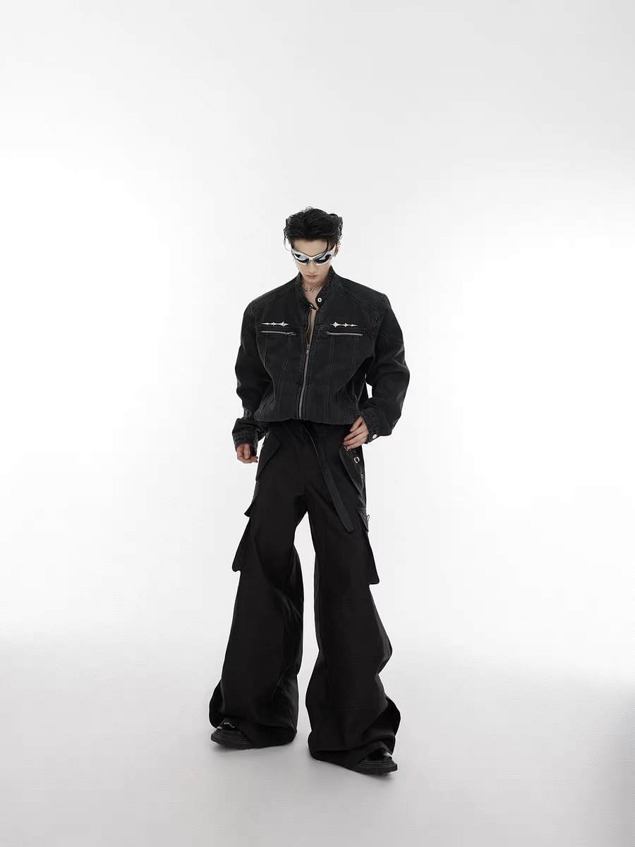 Chaqueta de mezclilla corta con hombreras americanas Chaqueta de mezclilla con cuello alto y cuello alto con sentido de alta gama para hombre