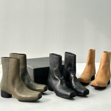 外贸原单真皮方头粗跟短靴女百搭舒适中跟瘦瘦靴猪鼻子马丁靴女靴