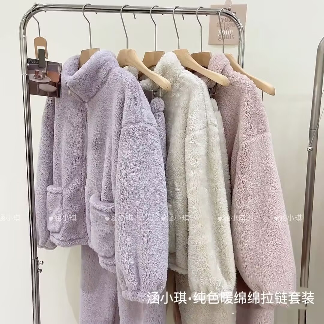 珊瑚绒大码睡衣女士加绒加厚立领拉链法兰绒暖暖套装秋冬外穿家居