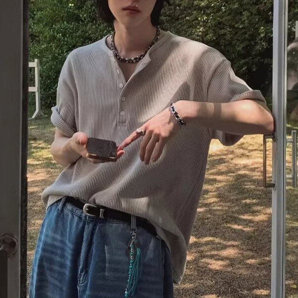 Henry Collar Short-Sleeved T-Shirt Men's Summer New Loose Casual Half-Sleeved T-Shirt Korean Style High-End Work Clothing Trend