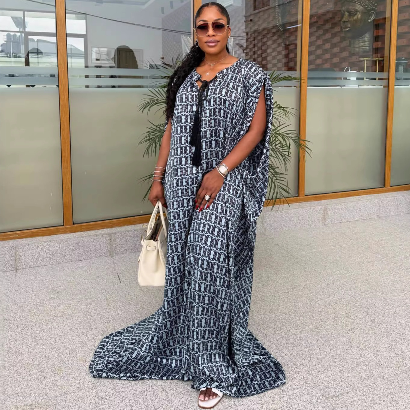 Women's American Style Loose Plus Size Dress African Chic Fashion Print Long Skirt Tie Up Design Lazy Fashion_ecoleips.com