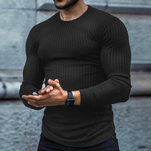 European and American cross-border best-selling new men's casual long-sleeved T-shirt, single-color vertical stripe round neck quick-dry fitness sports clothing