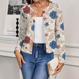 Cross-Border Short Floral Print Women's Long-Sleeved Jacket with Elegant Style for Commuting