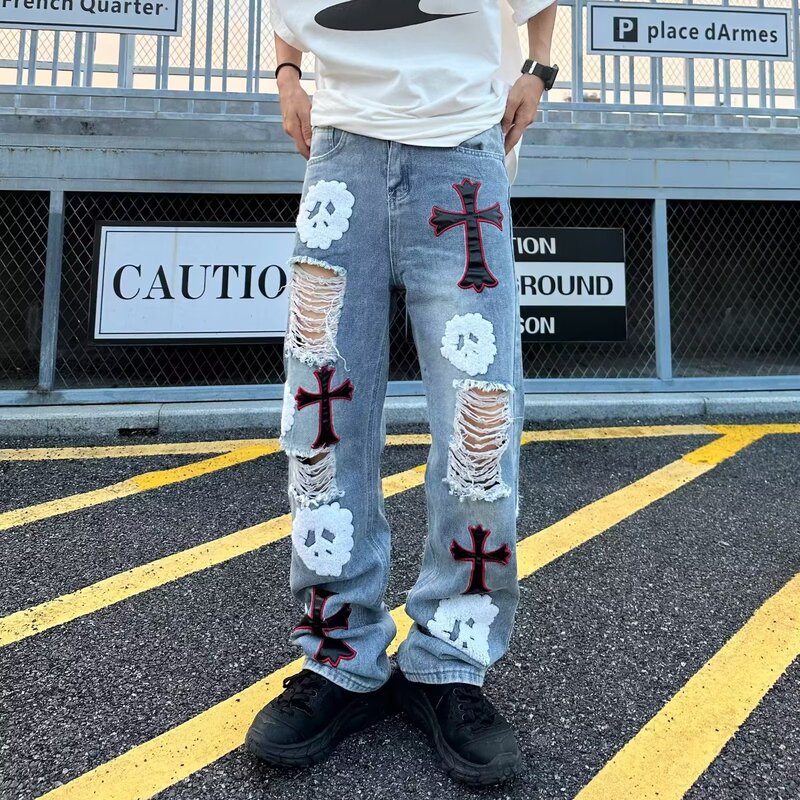 American Street Cross Skull Embroidered Ripped Jeans Men's High Street Fashion Brand Hip Hop Straight Loose Casual Trendy Pants