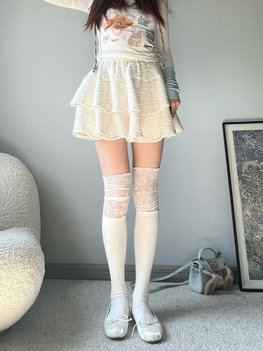 Floral Lace Socks for Women Spring Girl Mid-Calf Socks JK Pile Socks Lace Over Knee Long Cotton Socks Japanese Sweet 