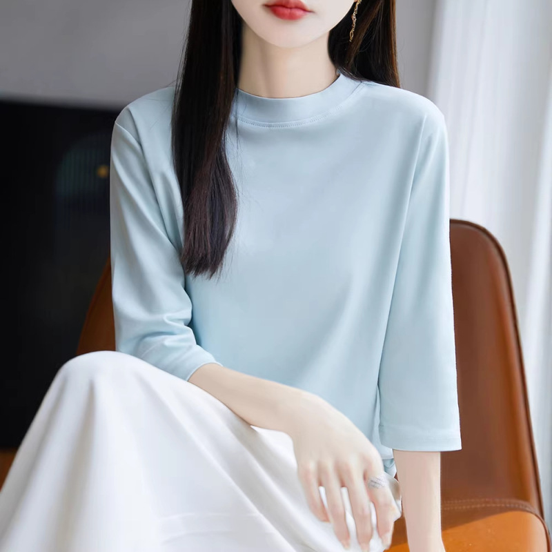 Summer Combed Cotton Three-Quarter Sleeve T-Shirt for Women, Half-High Stand Collar, Loose Fit, Large Size, Mercerized Cotton Half-Sleeve Top, Base Shirt