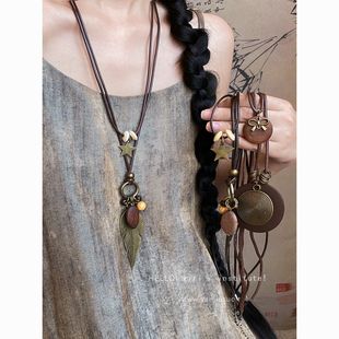 New Chinese Zen Bronze Feather Necklace Women's Bohemian Ethnic Style Double-Layer Long Wearing Woolen Chain Accessories