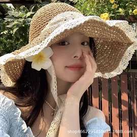 草帽海边帽子ins系带草编帽女出游防晒沙滩太阳帽蕾丝遮阳帽