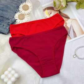 本命年红色纯色简约棉布女士三角裤舒适透气半包臀中腰头包边裤叉