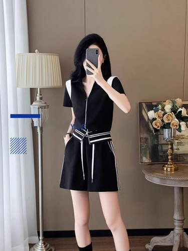 Summer New Style Elegant Fashion Loose Slimming Zipper Design Short Sleeve T-Shirt Wide Leg Shorts Two-Piece Set Women