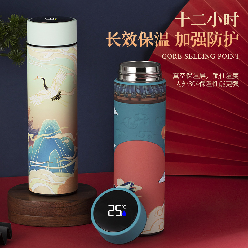 304不鏽鋼保溫杯雙層男女創意國潮風禮品杯LED顯示溫度杯定 制