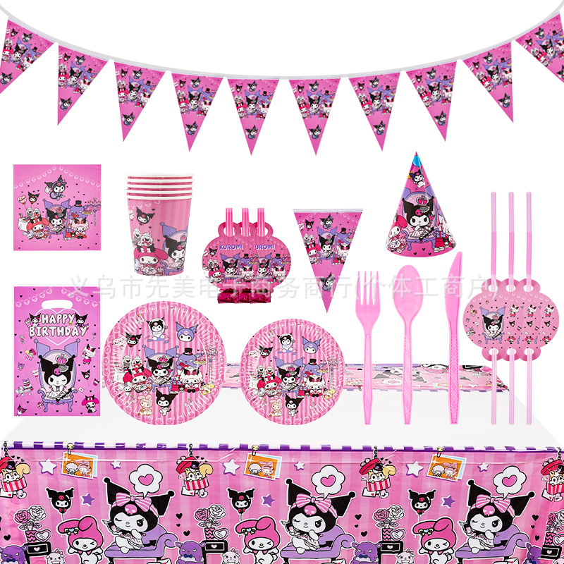 New Tablecloth Kuromi Theme Birthday Party Paper Towel Plate Disposable Tableware Decoration Set Ready for Sale New Tablecloth Kuromi Theme Birthday Party Paper Towel Plate Disposable Tableware Decoration Set Ready for Sale