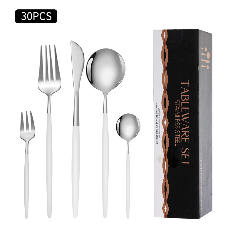 Cruz-Frontera de acero inoxidable vajilla portugués cuchillo y tenedor conjunto de 30 piezas de comida occidental cuchillo de filete de oro y cuchara de la caja de regalo