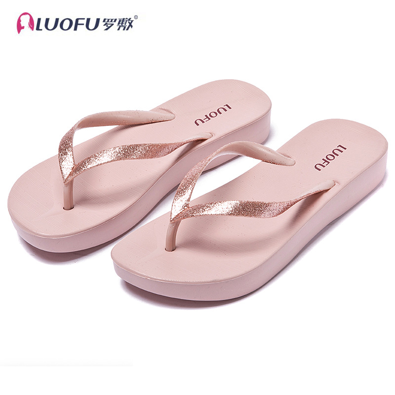 Loafer flip-flops desgaste del verano de las mujeres fondo grueso aumento antideslizante flip-flop simple Mediados de talón suave inferior casual zapatos de playa