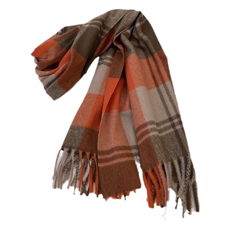 Scarf Women's 2024 New Winter Plaid Cashmere Tassel Shawl Korean Style Student Couple Thickened Warm Neck