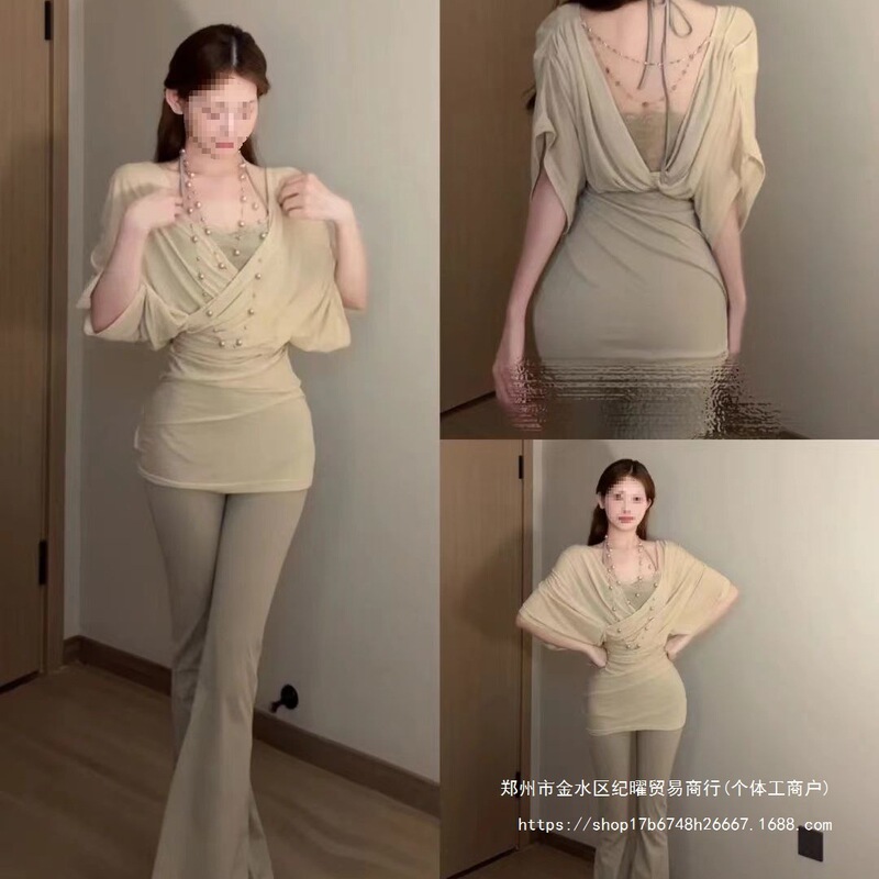 套装女2025夏季纯欲风辣妹收腰防晒短袖罩衫内搭挂脖连体裤两件套|undefined