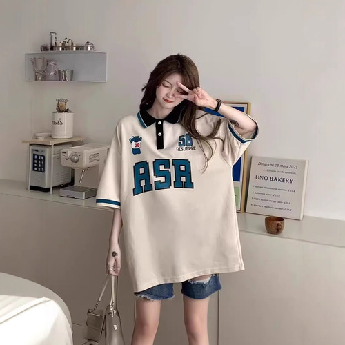 2025 American Street Style Polo Shirt Short-Sleeve T-Shirt for Women Summer Loose Trendy Instagram Original Style Hong Kong Flavor Half-Sleeve Ultra Hot Top
