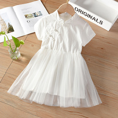 Girls' Summer Ancient Style Embroidered Button Dress 2022 New Chinese Style Short Sleeve Ethereal Net Princess Dress