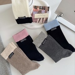 25秋冬韩系拼色女袜中筒袜布标袜子女 日系ins潮休闲简约棉袜