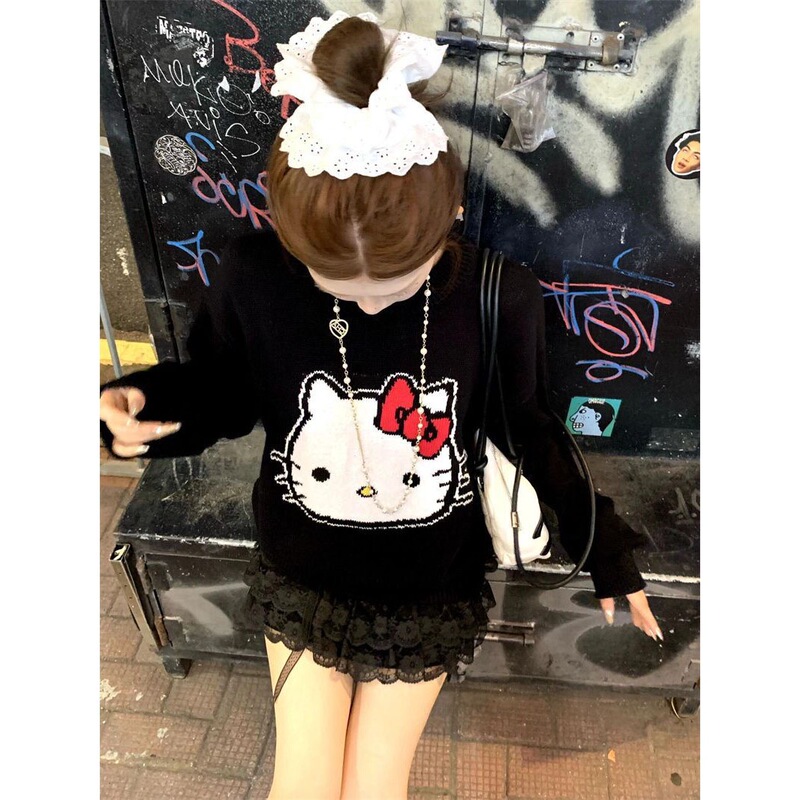 Kate Cat Embroidered Lazy Style Crewneck Sweater Female Student Autumn and Winter New Korean Style Loose Soft Waxy Pullover Sweater