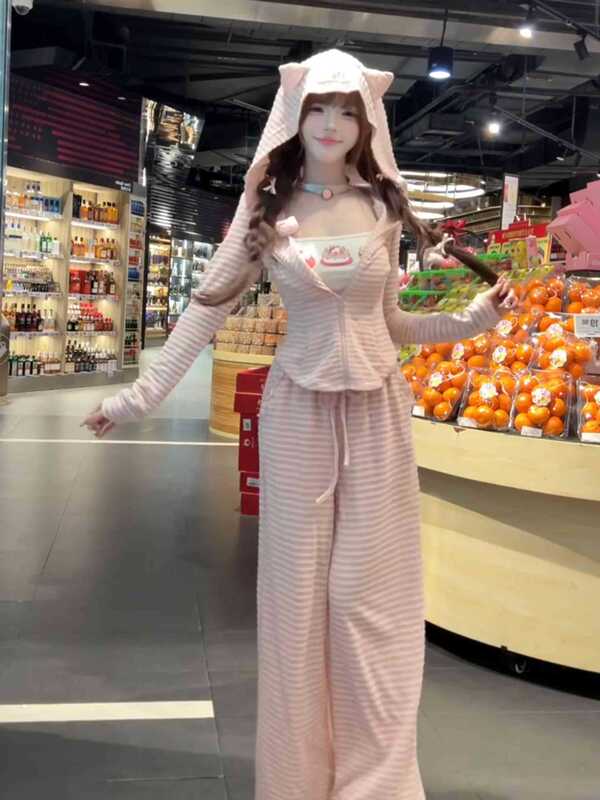 甜美少女条纹家居服睡衣女款春秋季2025新款大码舒适长袖长裤套装|undefined