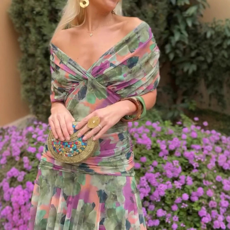 Cross-Border 2025 European and American Spring and Summer New Mesh Printed Suspender Dress Ins Vacation Casual Party Dress