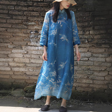 S906 春夏 蓝染风格数码印纯苎麻 中式改良苎麻连衣裙 七分袖