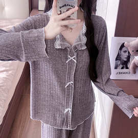 春夏季新款情侣居家睡衣针织坑条简约休闲时尚甜美可爱家居服套装