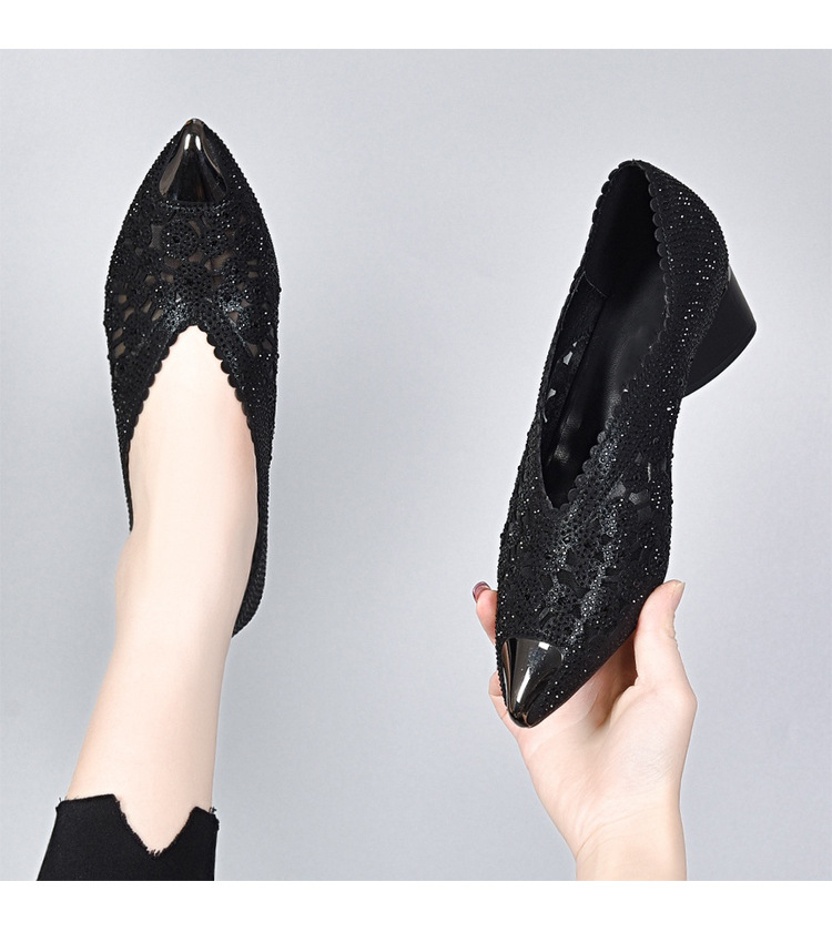 Giày sandal cao gót nữ đính đá lưới thoáng khí gót thấp — Màu đen chi tiết 6