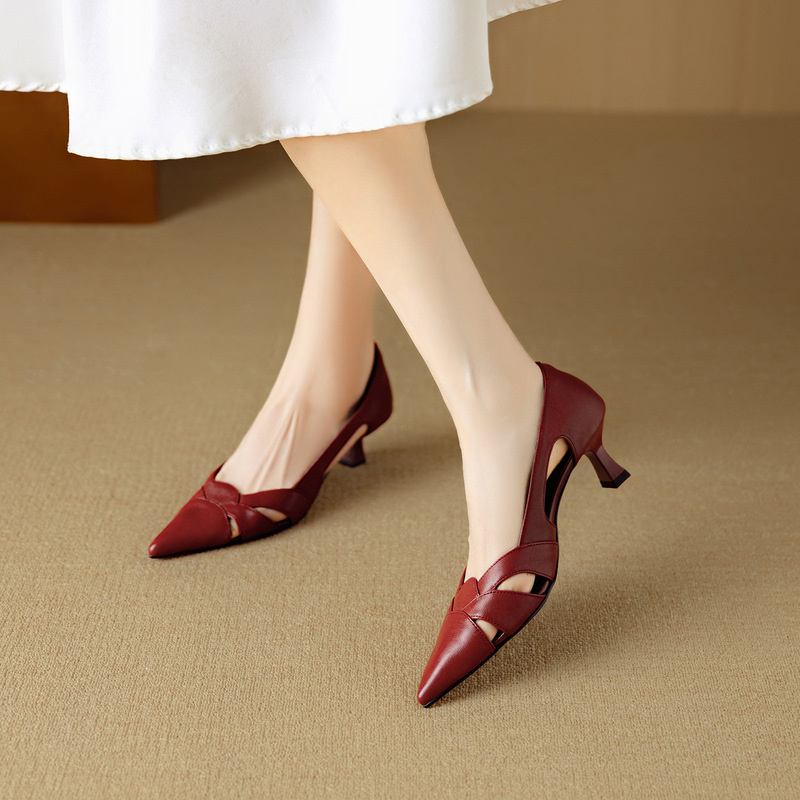 Red High Heels 5.5cm First Layer Goatskin Cut Out Sandals 2025 Spring and Summer Genuine Leather High Heels and Stiletto Women's Shoes Red High Heels 5.5cm First Layer Goatskin Cut Out Sandals 2025 Spring and Summer Genuine Leather High Heels and Stiletto Women's Shoes