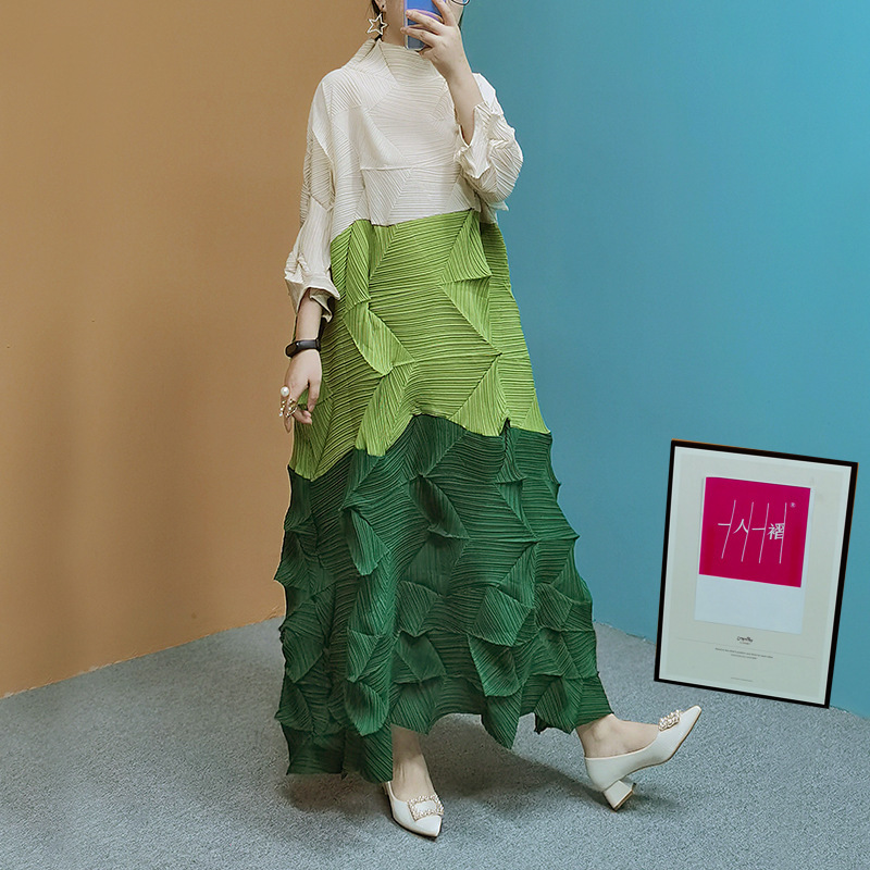 Pleated L202 [Ready Stock] Miyake Miyake 2025 Spring Diamond Color Block Dress Personalized Extra Long Skirt