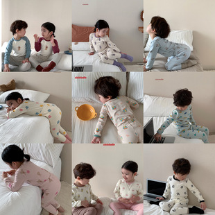 Autumn Korean Style Children's Home Wear Set Boys and Girls Cartoon All-Over Print Polka Dot Raglan Sleeve Pajamas Baby Underwear