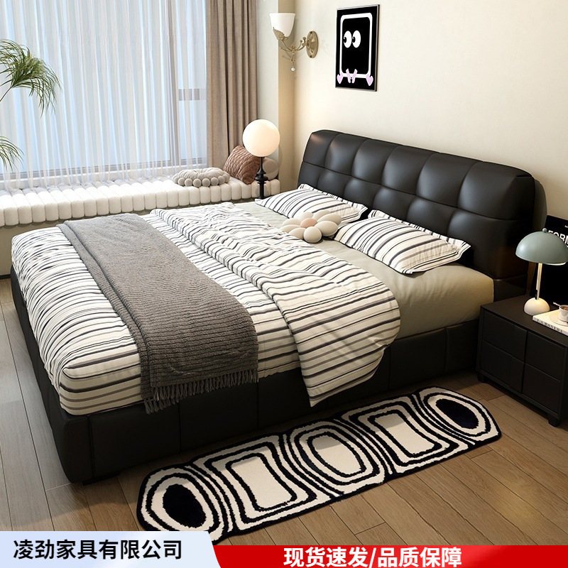 Modern Minimalist Italian-Style Black Puff Bed, Genuine Leather Small Apartment Storage Bed, Double Bed, Wedding Bed, Leather Art Bed, Large Bed Modern Minimalist Italian-Style Black Puff Bed, Genuine Leather Small Apartment Storage Bed, Double Bed, Wedding Bed, Leather Art Bed, Large Bed