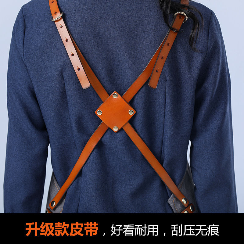 Delantal de lona gruesa estilo coreano nuevo suave pu cuero Cruz Correa barista ropa de trabajo Denim delantal al por mayor