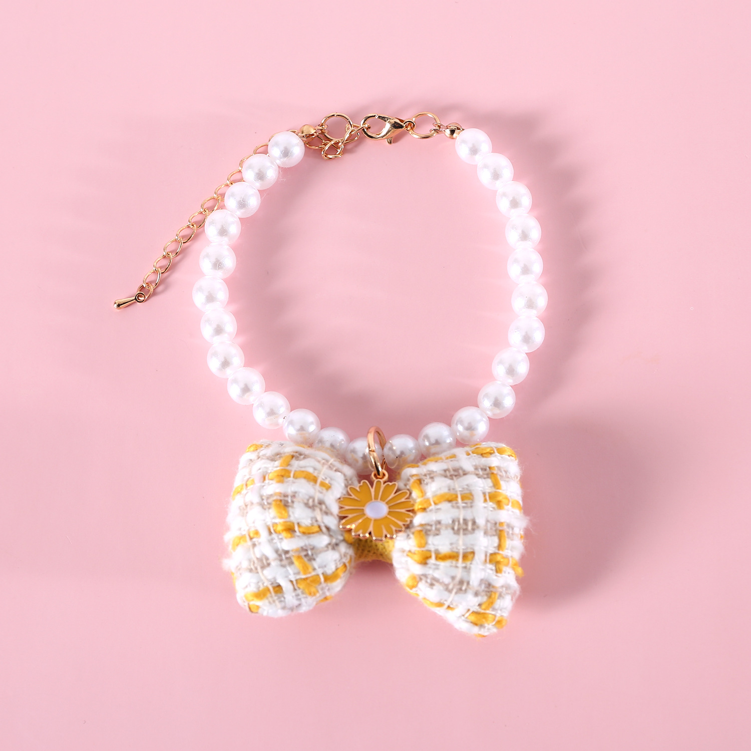 Pet Pearl Plaid Arco Colgante Collar Ajustable Perro Gato Daisy Princess Accesorios Collar de Cumpleaños