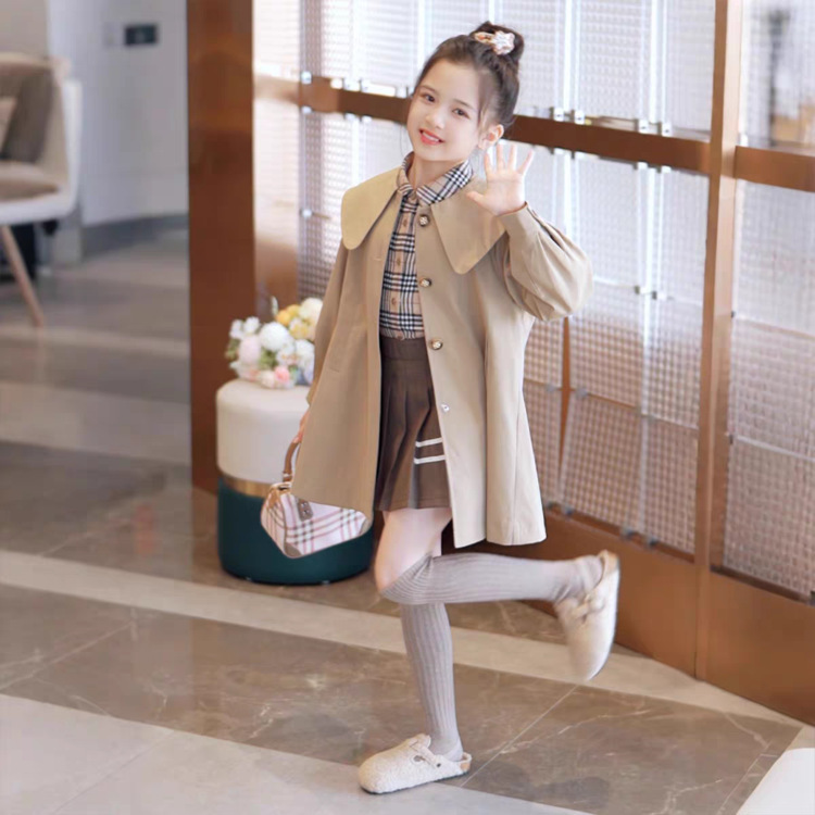 女童中长款风衣秋季2025新款韩版洋气儿童英伦风外套学院风披肩领|undefined