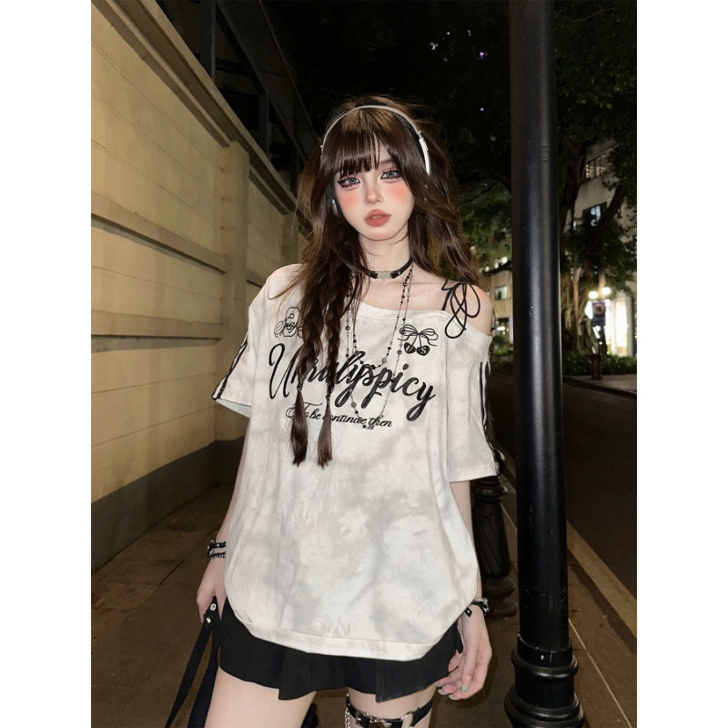 韓国の甘くてクールなホットガール絞り染めグラデーションオフショルダーコットン半袖Tシャツレディース夏新作3ストライプデザイントップ|undefined