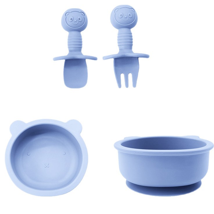 Oso para niños Tazón tenedor de silicona cuchara alimentos complementarios vajilla de alimentación resistente a las caídas suministros maternos e infantiles tazón de silicona dibujos animados oso Tazón