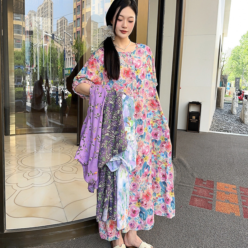 人工綿ドレス夏の女性の 2025 新しい気質ルーズレイジースタイルスリム薄い綿シルク花柄ロングスカート|undefined