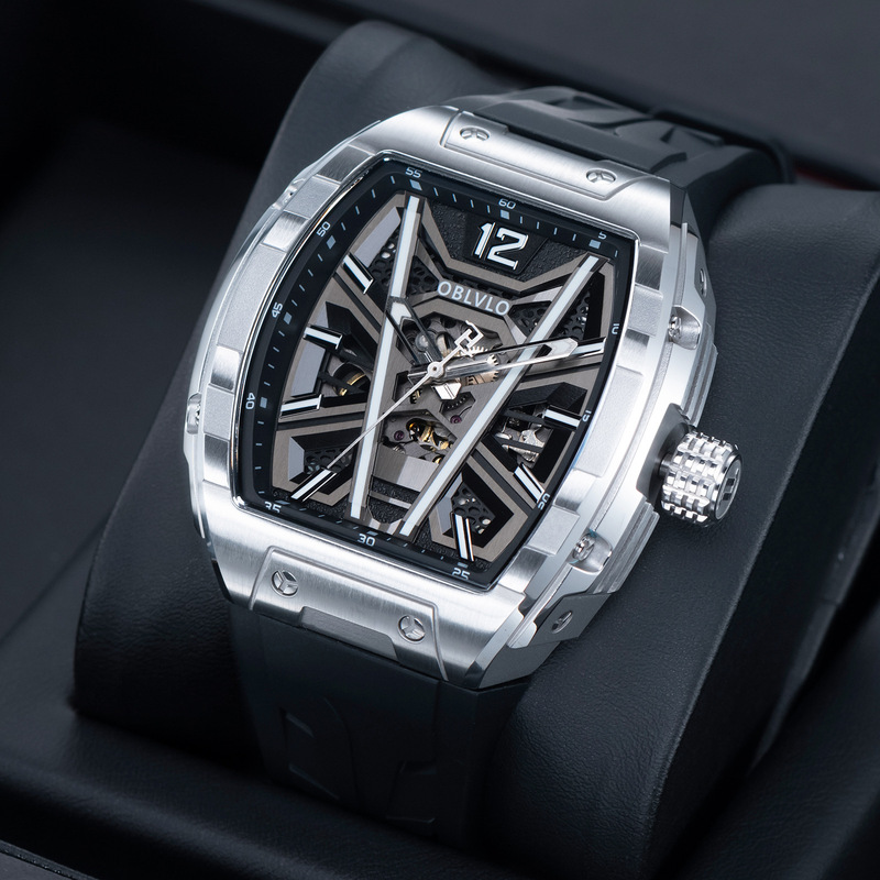 OBLVLO Richard barrel-shaped automatic mechanical watch for men, rose gold skeleton sports watch, waterproof OBLVLO Richard barrel-shaped automatic mechanical watch for men, rose gold skeleton sports watch, waterproof