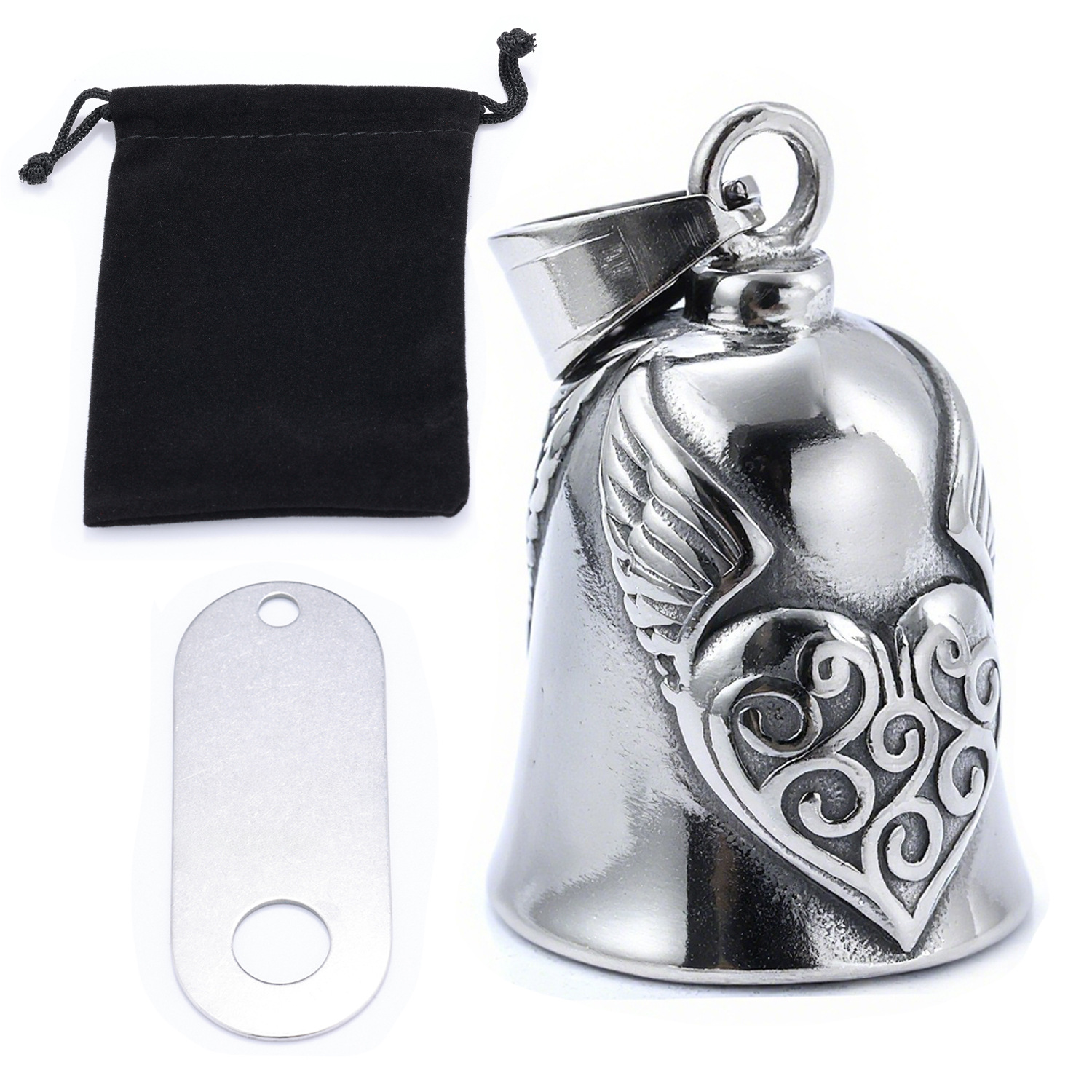 Moto de personalidad europea y americana transfronteriza, santo patrón de la conducción, material de acero inoxidable, alas de amor, campana, negro retro