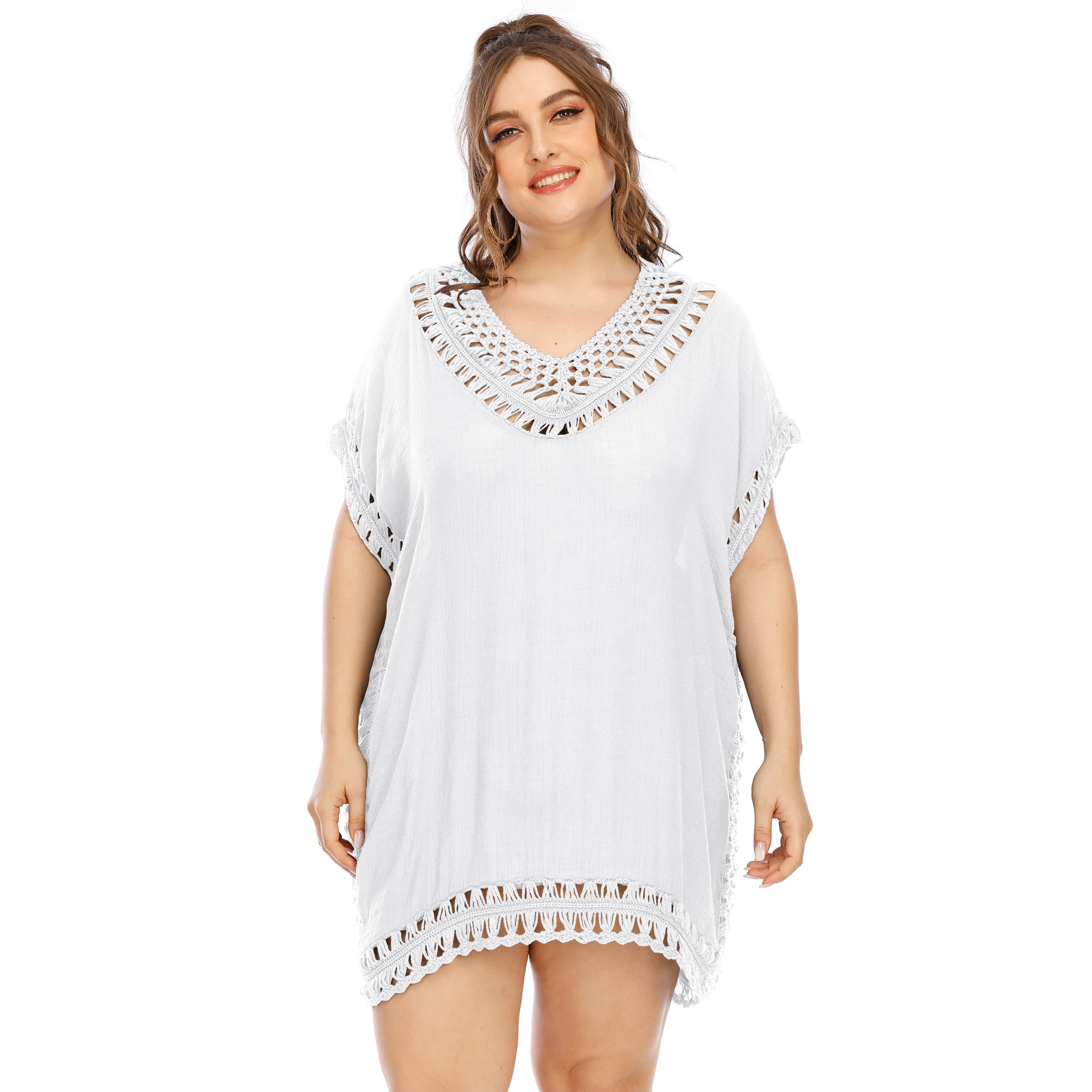 plus size hollow V-neck short sleeve loose solid color beach outdoor cover-up (multicolor) NSOY125343