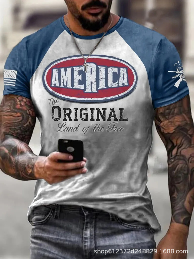 Cross-border Amazon hombres camisa de cuello redondo retro manga corta estilo europeo y americano impreso N ° 66 carretera carta camiseta