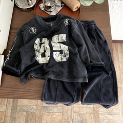 男童重工洗褪卫衣春秋款2025新款儿童韩范印花外搭机车T恤打底衫t