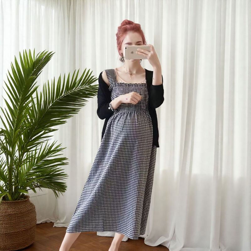 Cross-Border 2025 New Casual Large Size Maternity Plaid Suspender Dress Solid Color Cardigan Two-Piece Set Exclusively for Foreign Trade Cross-Border 2025 New Casual Large Size Maternity Plaid Suspender Dress Solid Color Cardigan Two-Piece Set Exclusively for Foreign Trade