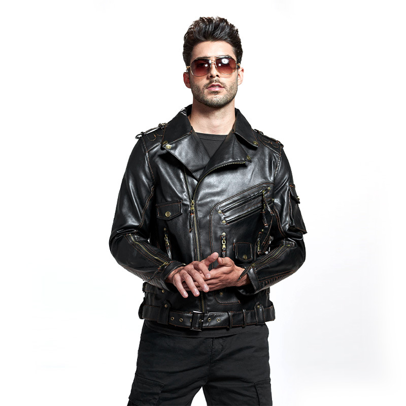 Men's Clothing PU leather jacket multi pocket zipper leather jacket men's autumn and winter punk jacket_voghion.com
