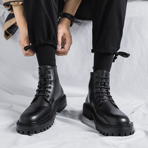Men's High-Cut Fashionable Mule Boots, Spring and Autumn British Style Retro Mid-Cheel Black Leather Boots